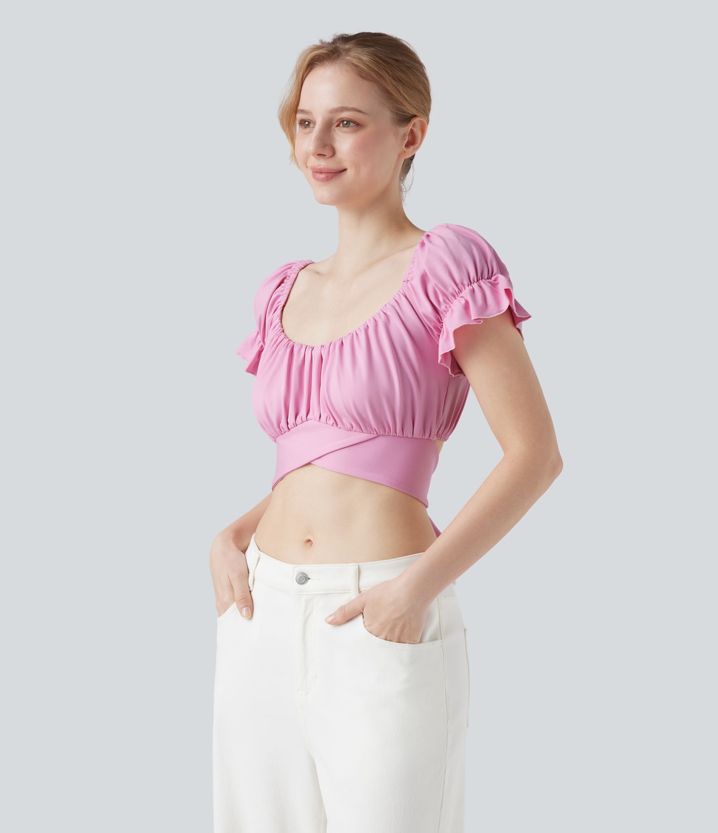 Puff Sleeve Crossover Tie Back Cropped Casual Top