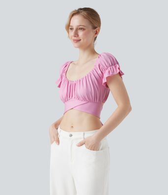 Puff Sleeve Crossover Tie Back Cropped Casual Top