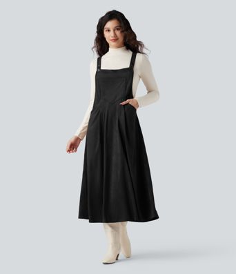 Adjustable Straps Suede Casual Pinafore Dress with Pockets