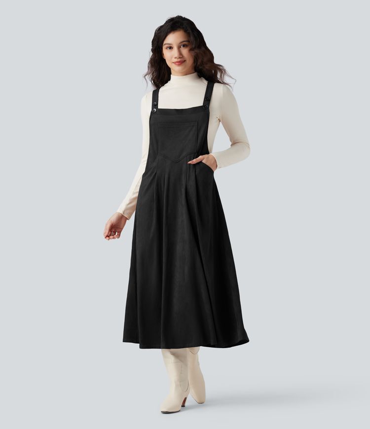 Adjustable Straps Suede Casual Pinafore Dress with Pockets