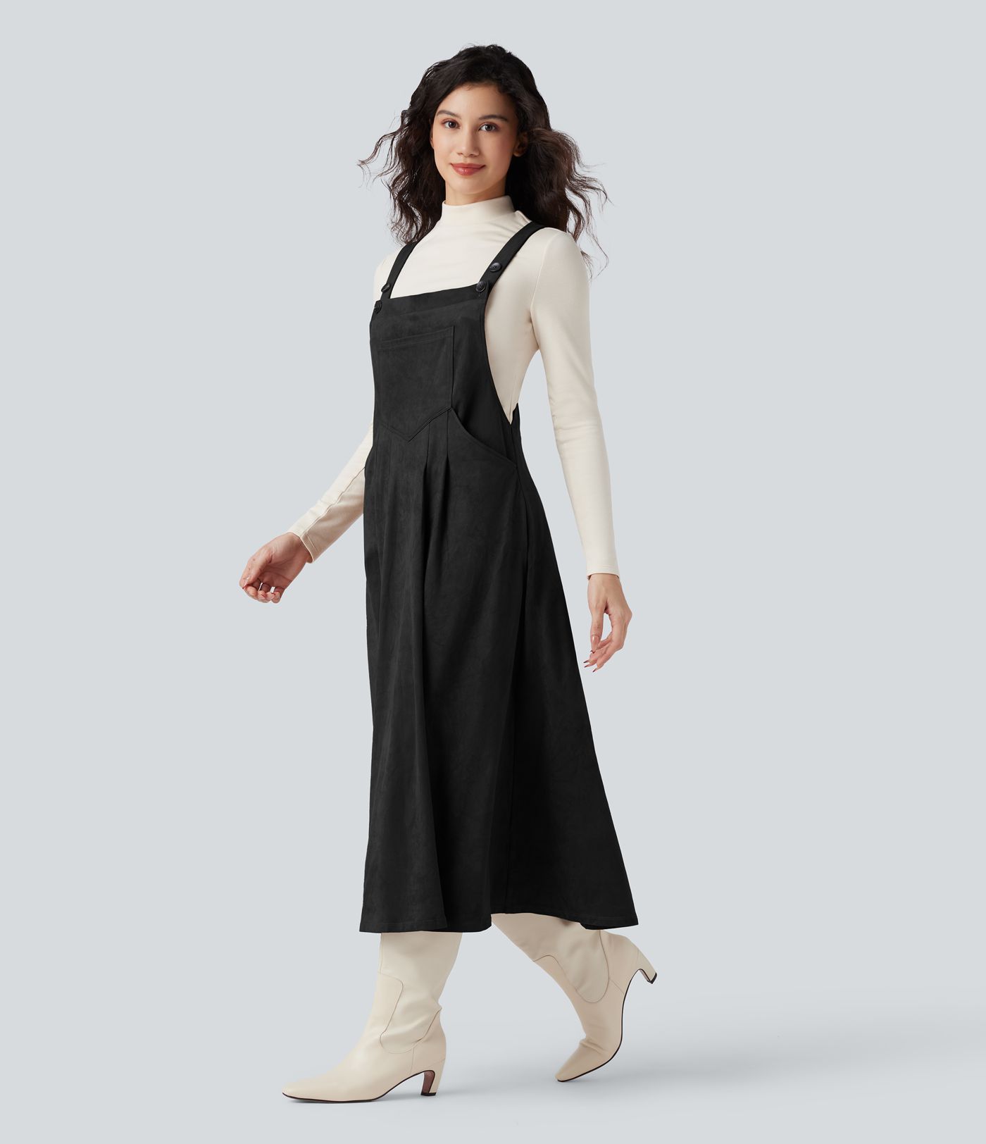 Adjustable Straps Suede Casual Pinafore Dress with Pockets