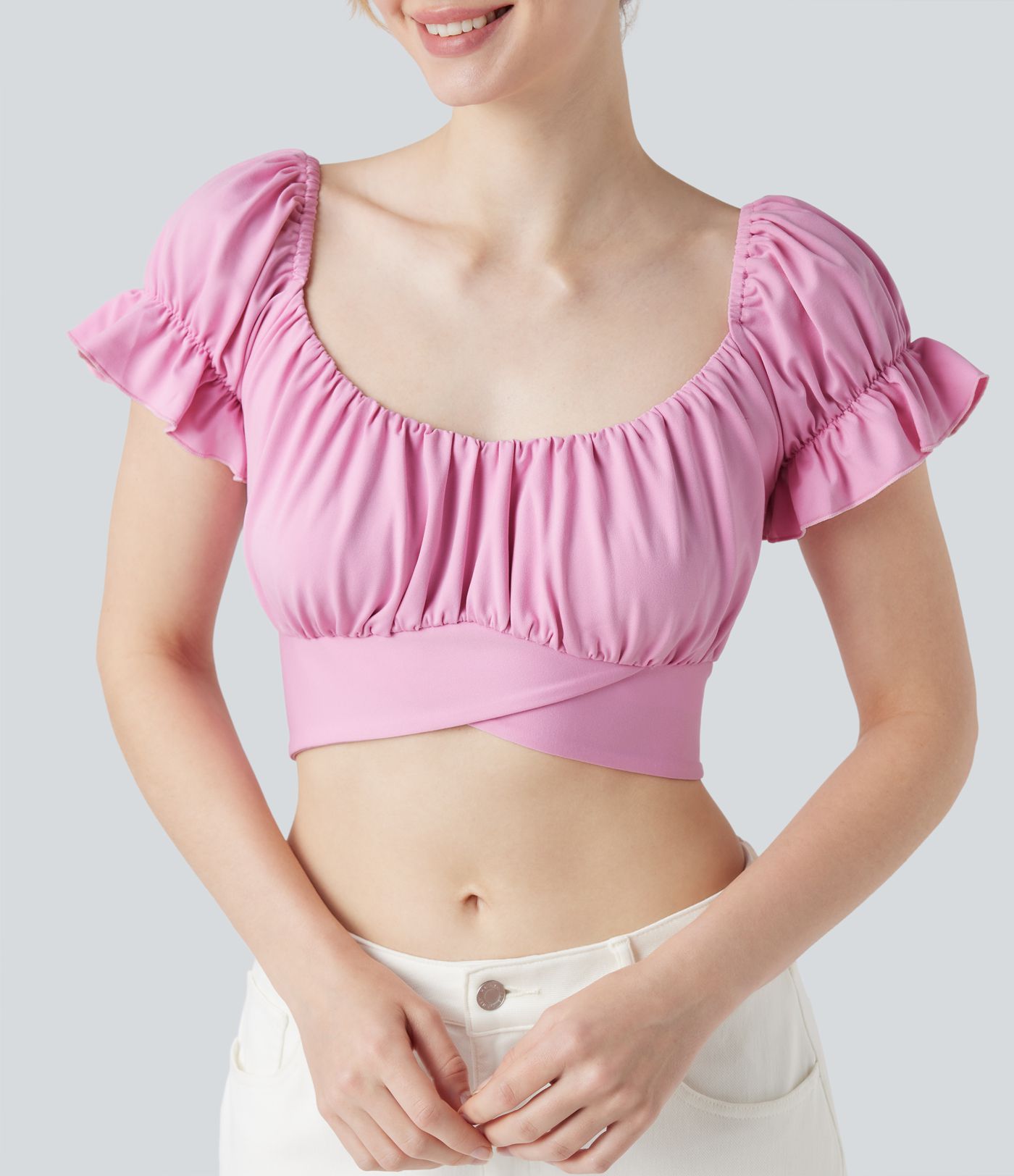 Puff Sleeve Crossover Tie Back Cropped Casual Top