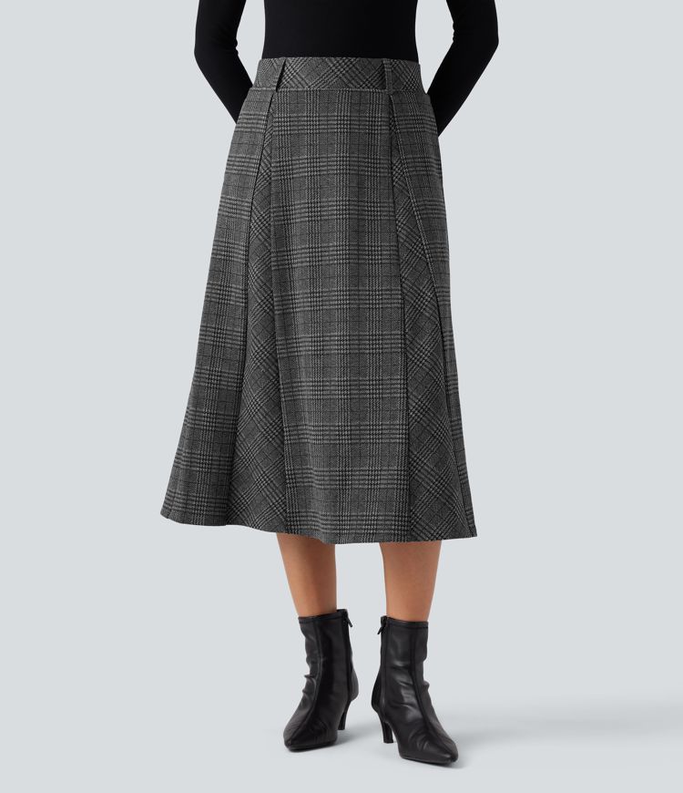 High Waisted A Line Houndstooth Plaid Midi Work Skirt with Pockets