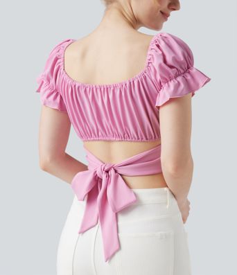 Puff Sleeve Crossover Tie Back Cropped Casual Top