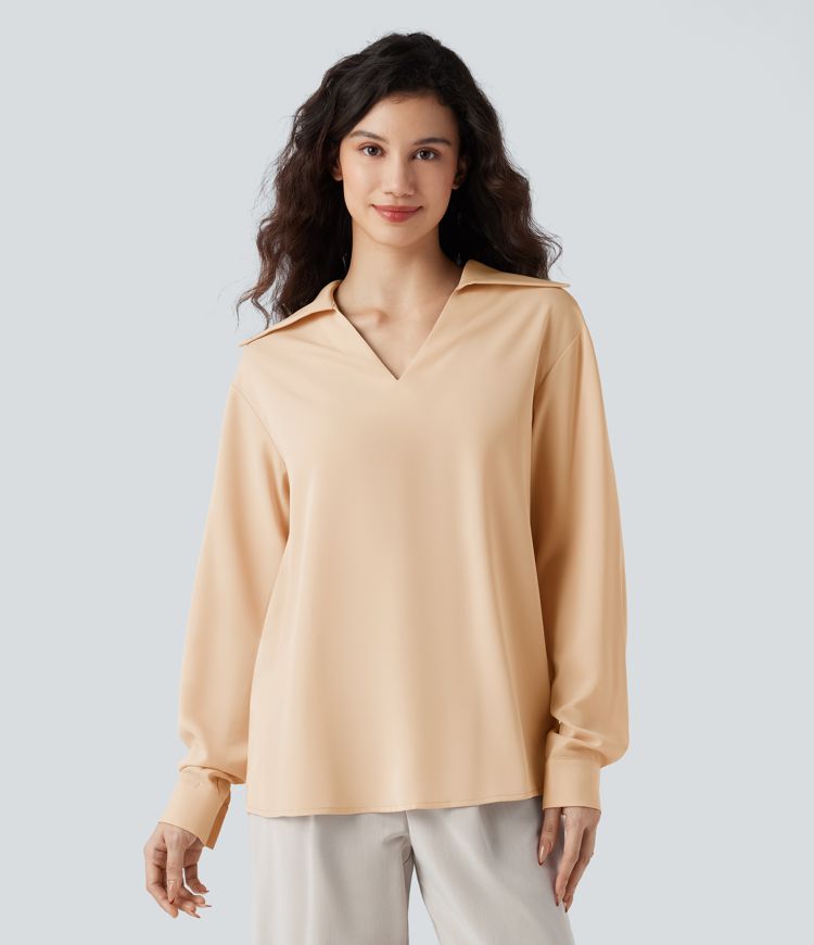 Wrinkle-resistant V-neck Long Sleeve Curved Hem Casual Blouse