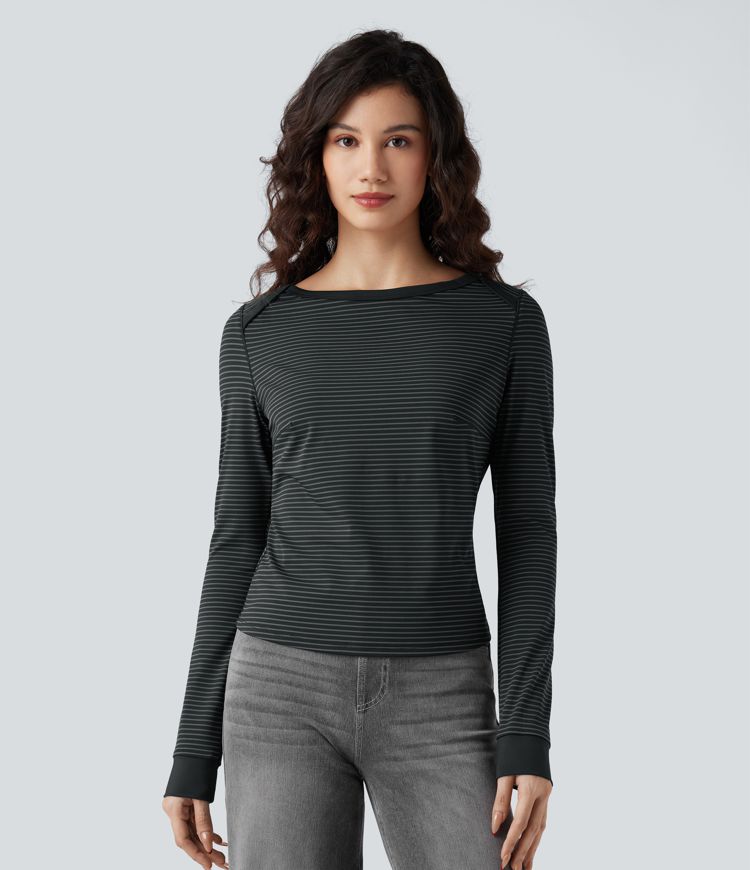 Boat Neck Long Sleeve Stripes Casual Top