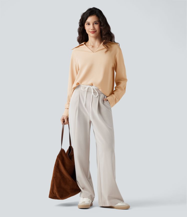 Wrinkle-resistant V-neck Long Sleeve Curved Hem Casual Blouse