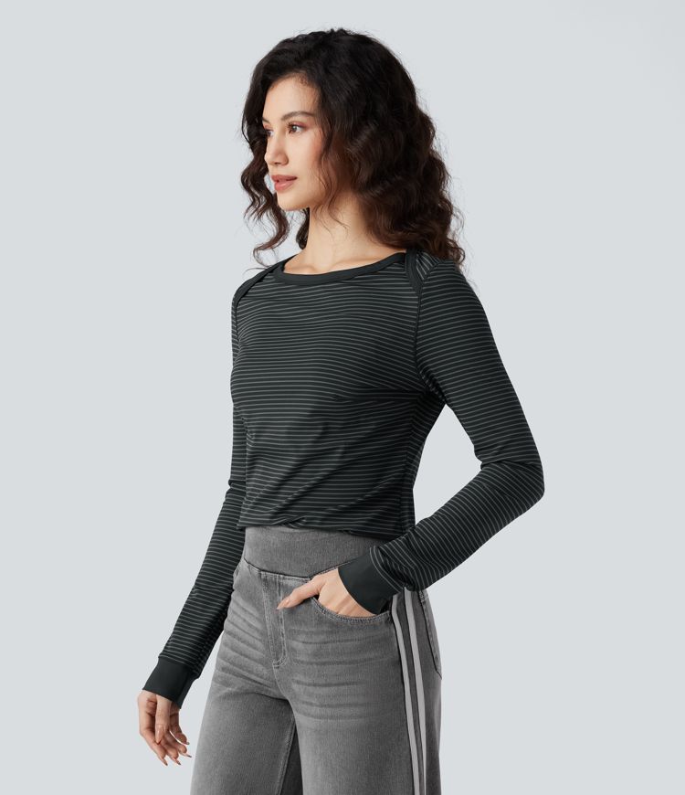 Boat Neck Long Sleeve Stripes Casual Top