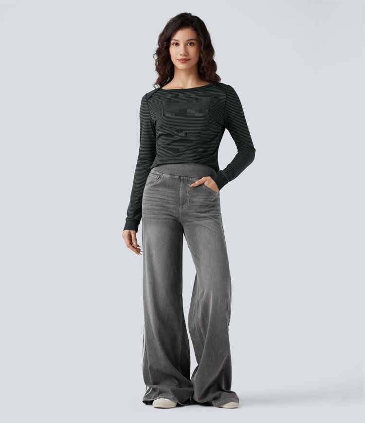 Boat Neck Long Sleeve Stripes Casual Top