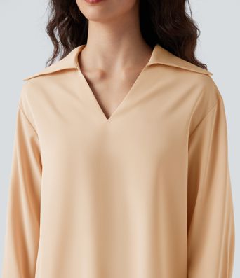 Wrinkle-resistant V-neck Long Sleeve Curved Hem Casual Blouse