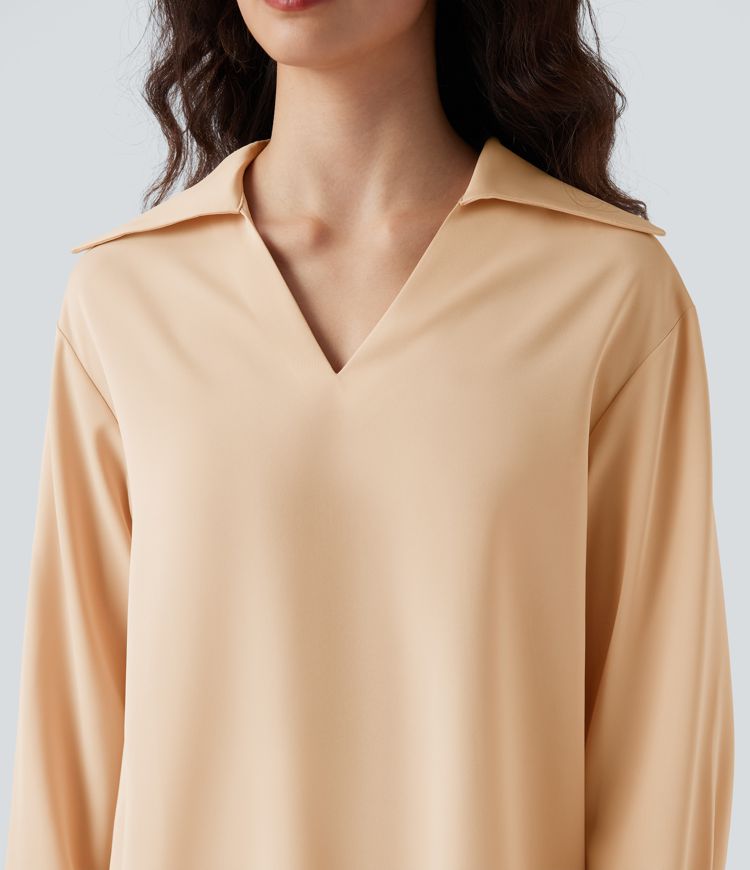 Wrinkle-resistant V-neck Long Sleeve Curved Hem Casual Blouse
