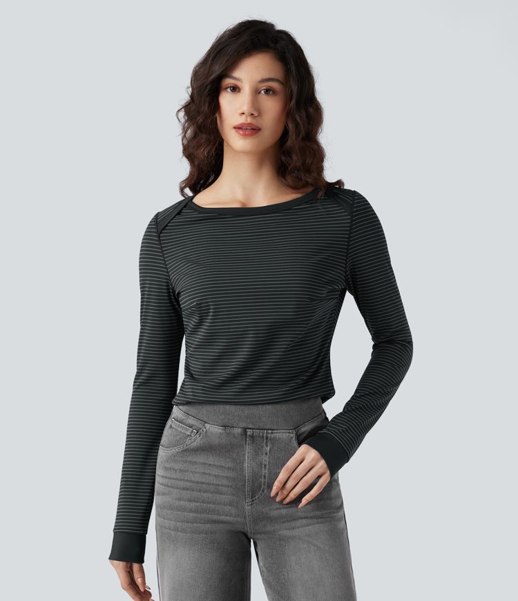 Boat Neck Long Sleeve Stripes Casual Top