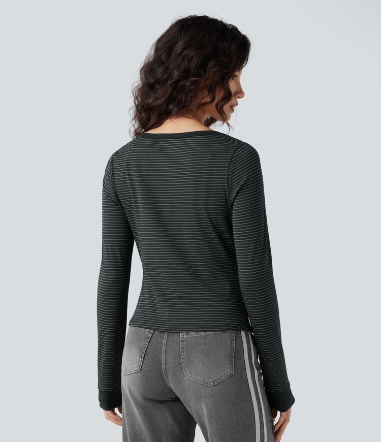 Boat Neck Long Sleeve Stripes Casual Top