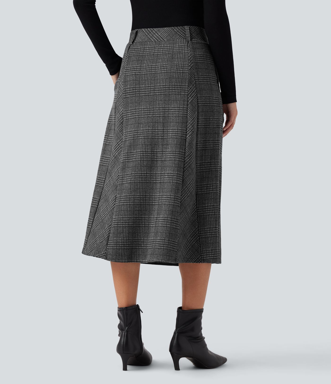 High Waisted A Line Houndstooth Plaid Midi Work Skirt with Pockets