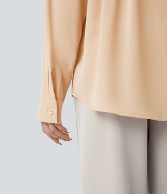 Wrinkle-resistant V-neck Long Sleeve Curved Hem Casual Blouse