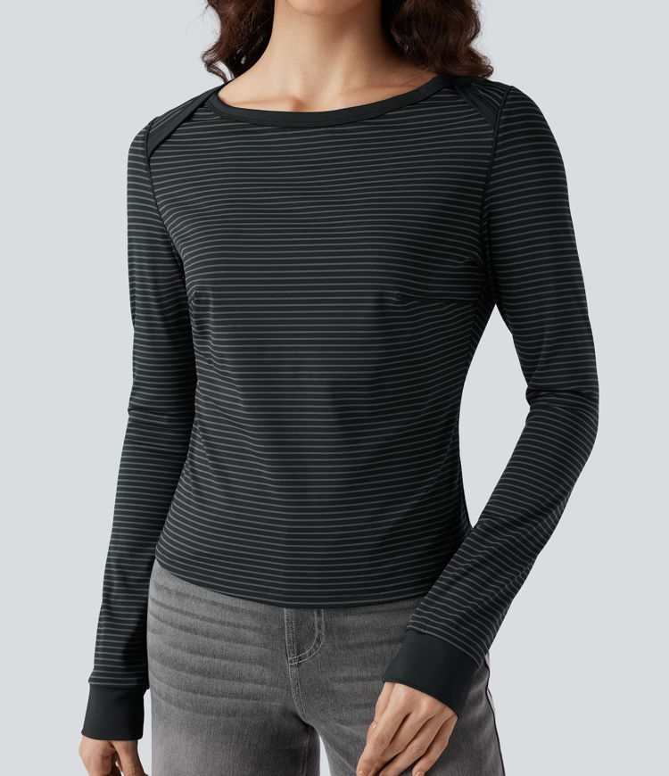 Boat Neck Long Sleeve Stripes Casual Top