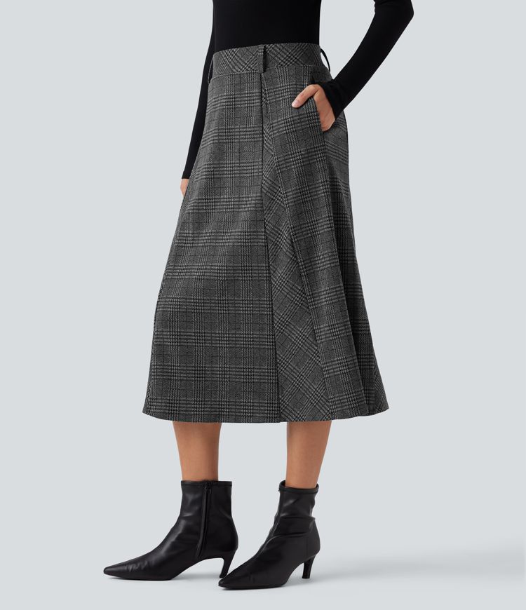 High Waisted A Line Houndstooth Plaid Midi Work Skirt with Pockets