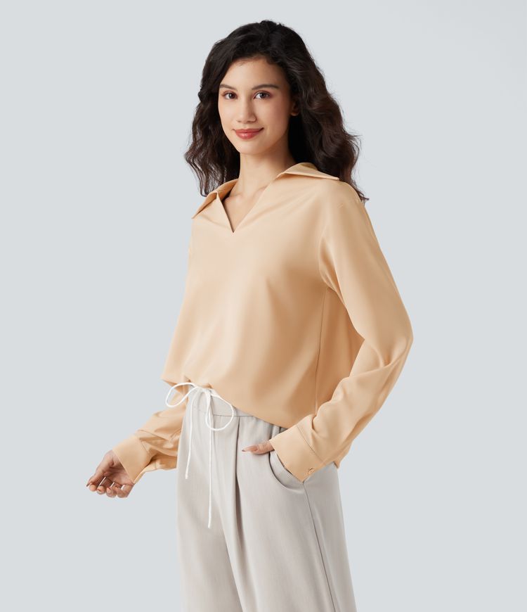 Wrinkle-resistant V-neck Long Sleeve Curved Hem Casual Blouse