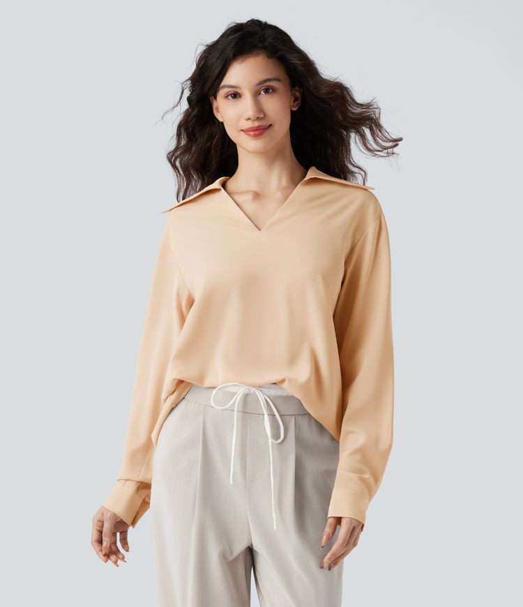 Wrinkle-resistant V-neck Long Sleeve Curved Hem Casual Blouse
