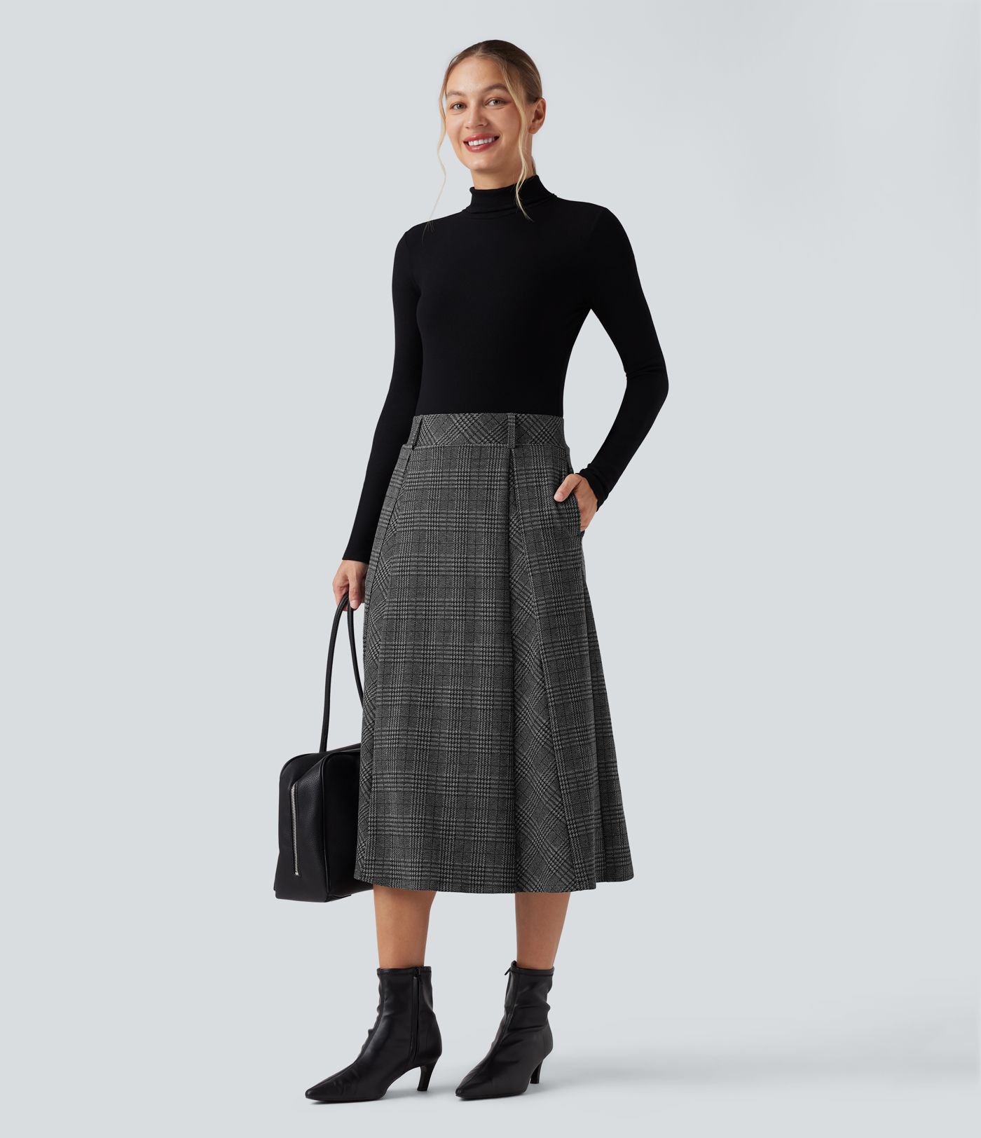 High Waisted A Line Houndstooth Plaid Midi Work Skirt with Pockets