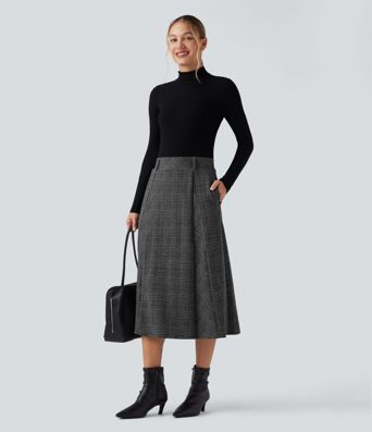 High Waisted A Line Houndstooth Plaid Midi Work Skirt with Pockets