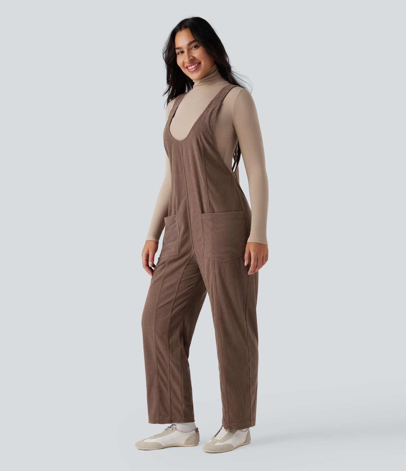 V Neck Corduroy Casual Dungarees with Pockets