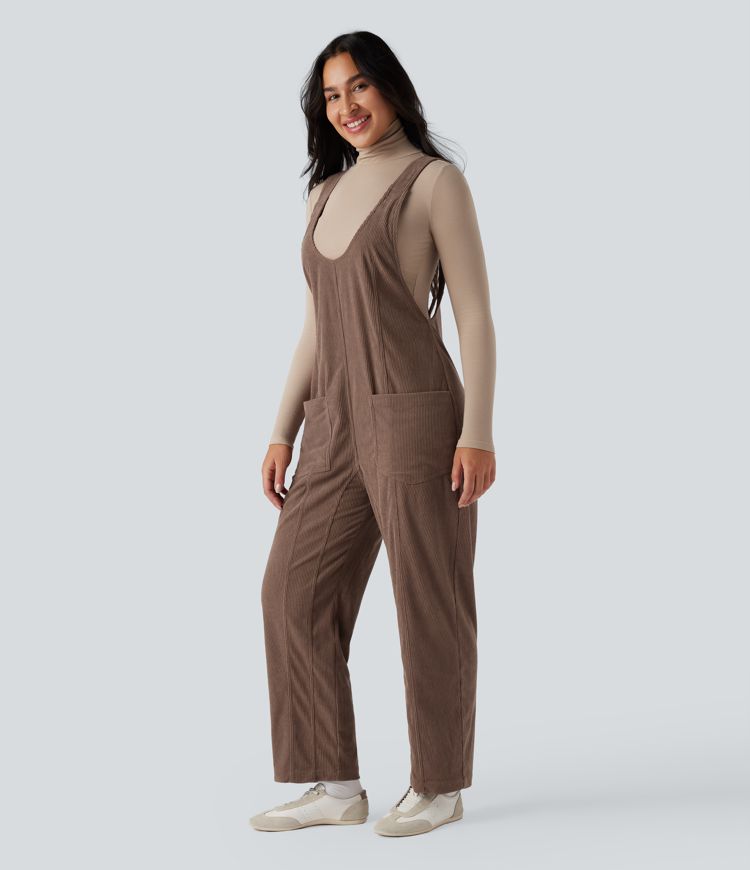 V Neck Corduroy Casual Dungarees with Pockets