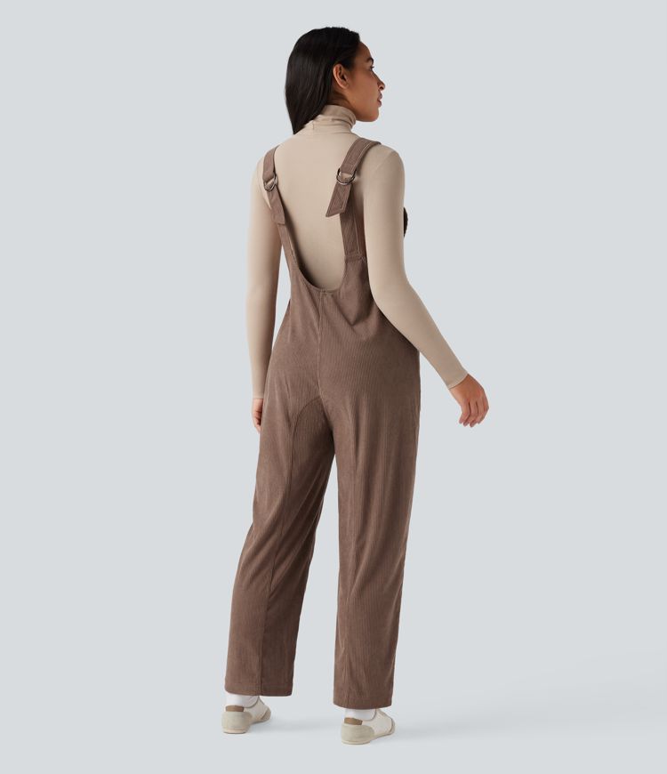 V Neck Corduroy Casual Dungarees with Pockets