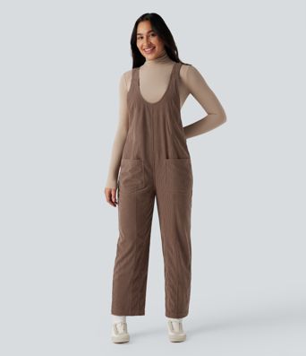 V Neck Corduroy Casual Dungarees with Pockets