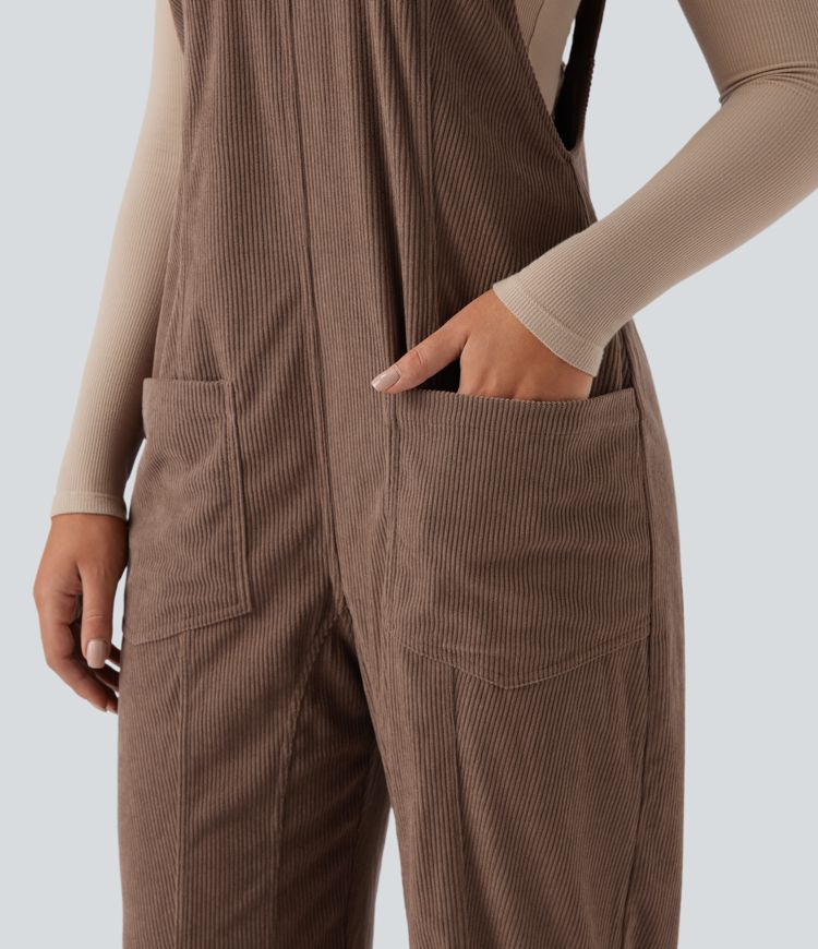 V Neck Corduroy Casual Dungarees with Pockets