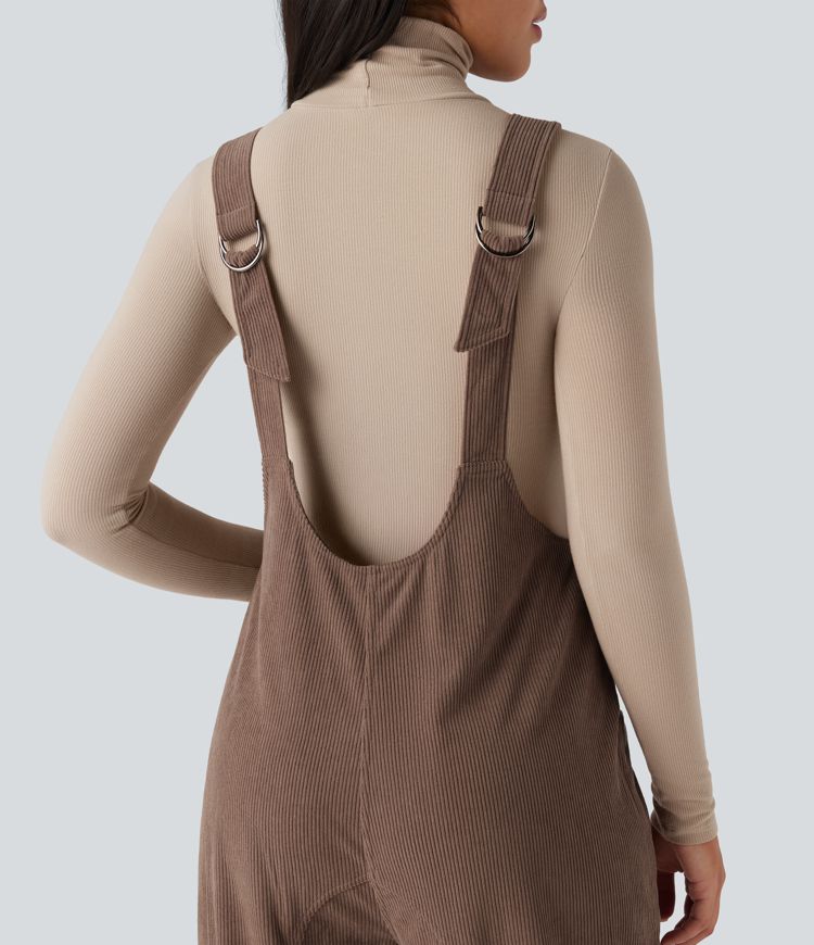 V Neck Corduroy Casual Dungarees with Pockets