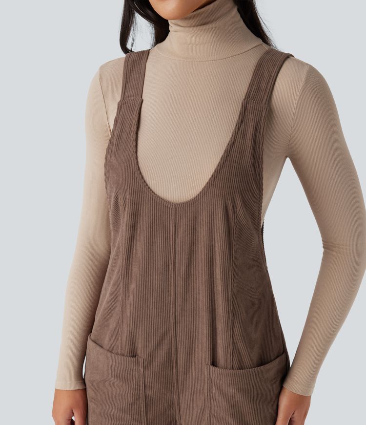 V Neck Corduroy Casual Dungarees with Pockets