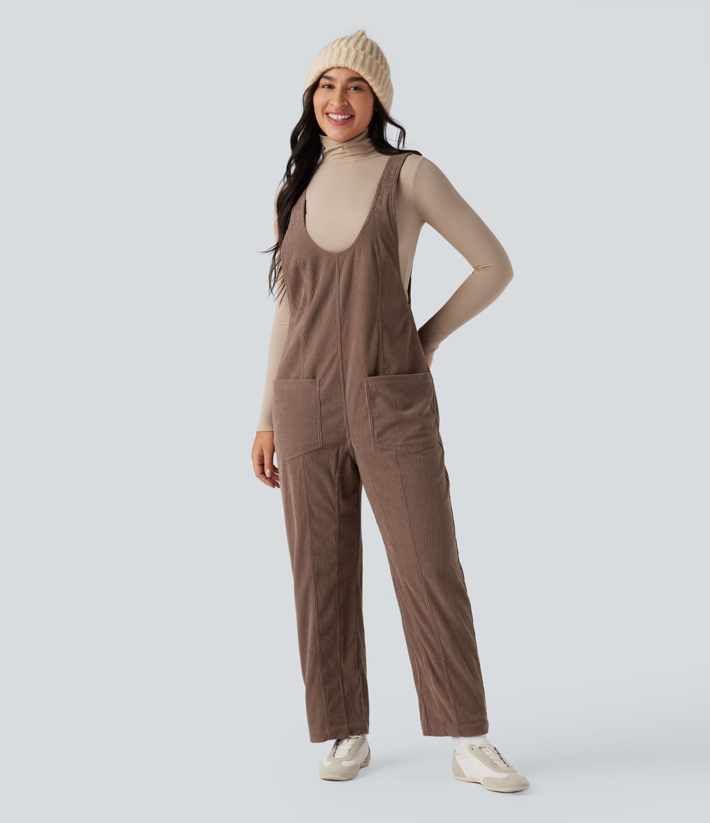 V Neck Corduroy Casual Dungarees with Pockets