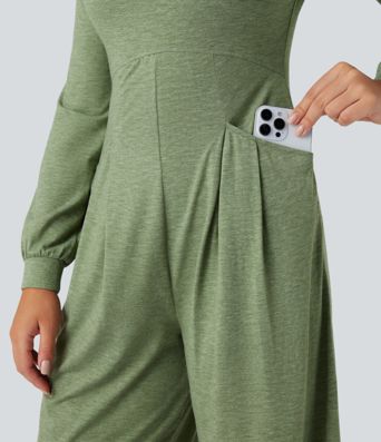 Backless Round Neck Long Sleeve Casual Baggy Jumpsuit with Pockets