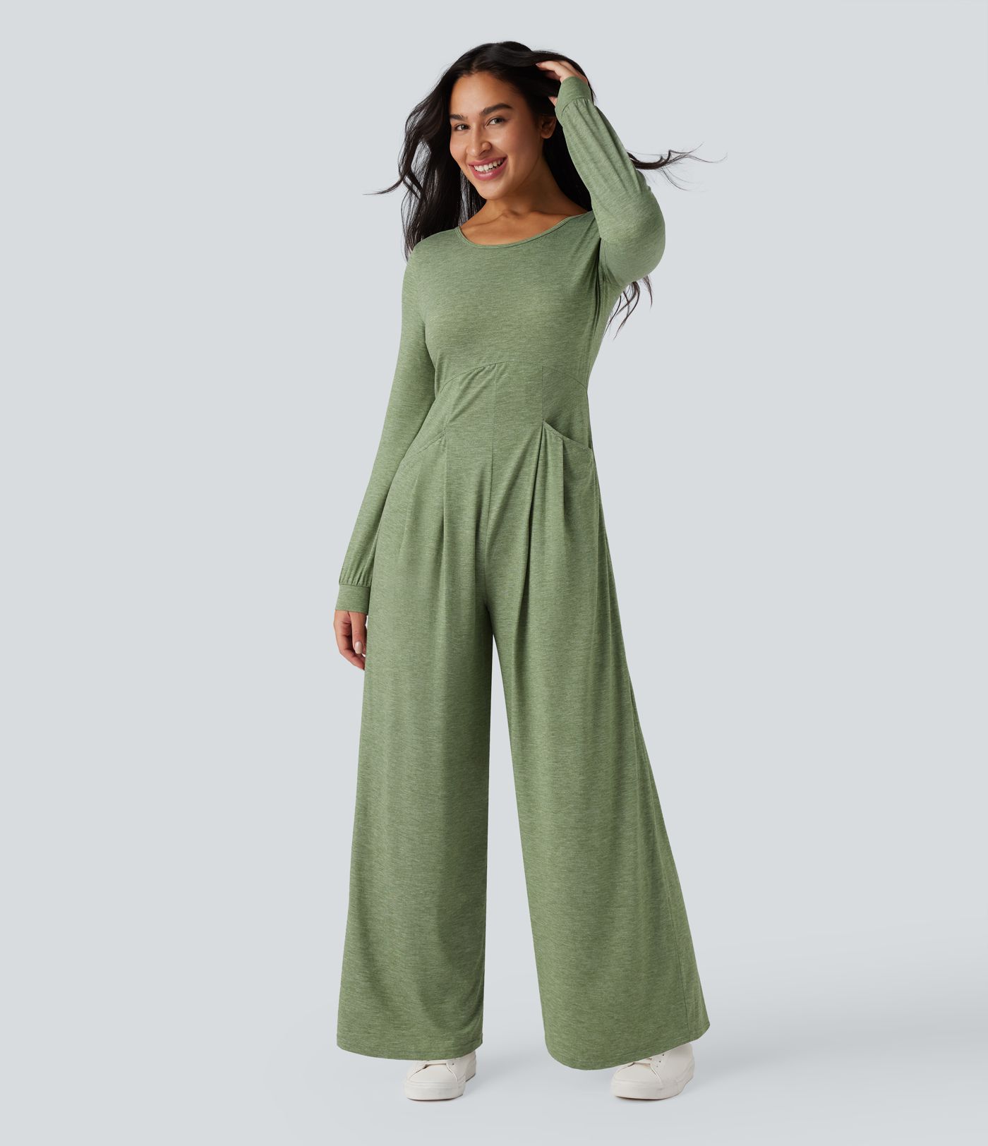 Backless Round Neck Long Sleeve Casual Baggy Jumpsuit with Pockets