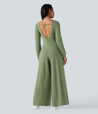 Backless Round Neck Long Sleeve Casual Baggy Jumpsuit with Pockets