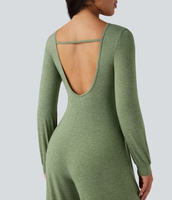 Backless Round Neck Long Sleeve Casual Baggy Jumpsuit with Pockets