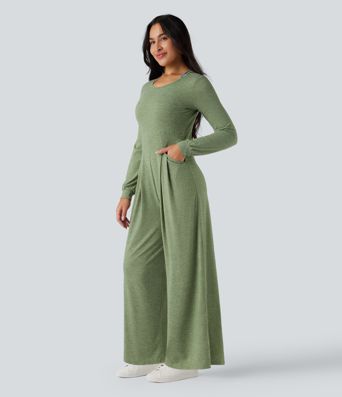 Backless Round Neck Long Sleeve Casual Baggy Jumpsuit with Pockets