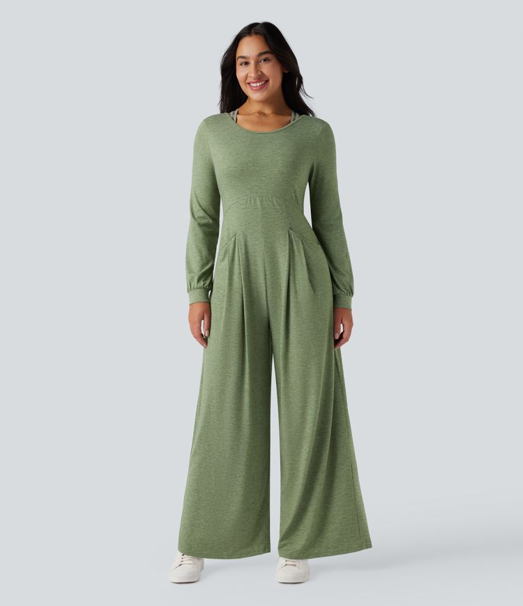 Backless Round Neck Long Sleeve Casual Baggy Jumpsuit with Pockets