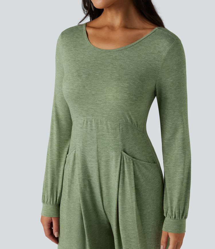 Backless Round Neck Long Sleeve Casual Baggy Jumpsuit with Pockets