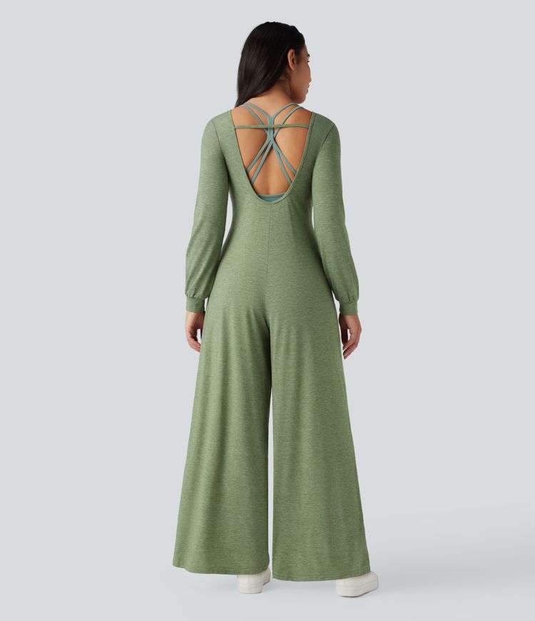 Backless Round Neck Long Sleeve Casual Baggy Jumpsuit with Pockets