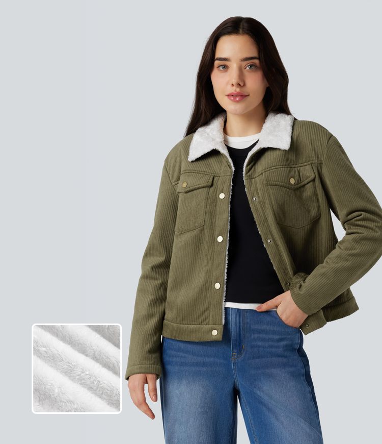 Veste décontractée sherpa en velours côtelé col classique à manches longues avec poches