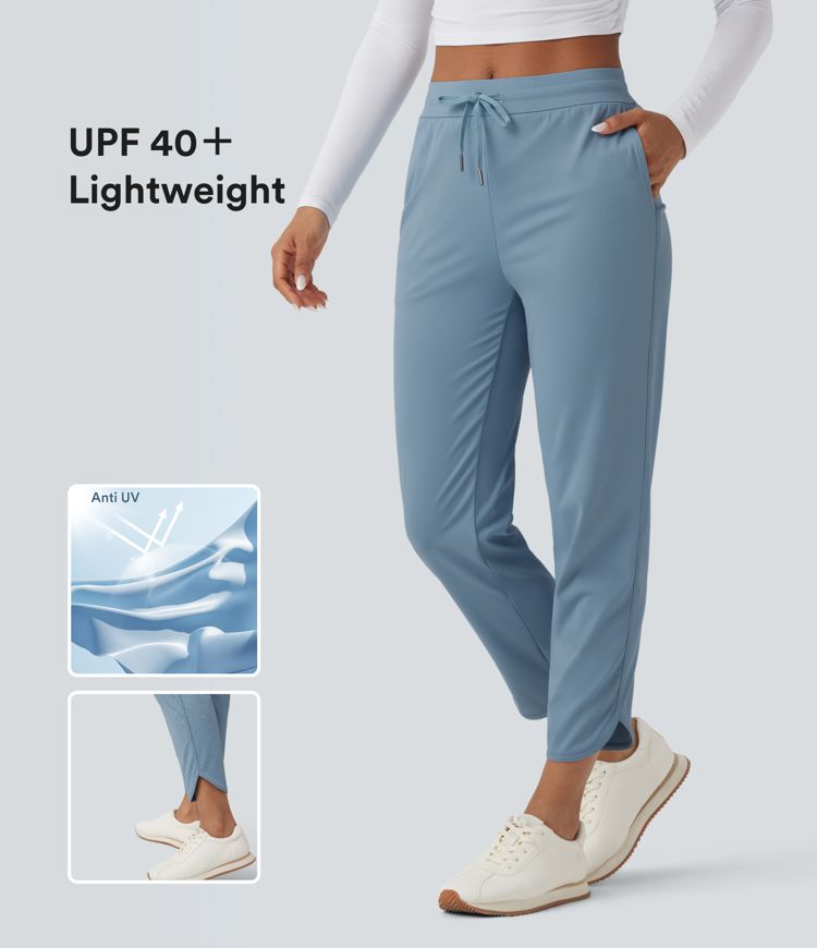 Mid Rise Drawstring Curved Hem Quick Dry Golf Tapered Pants with Pockets-UPF40+