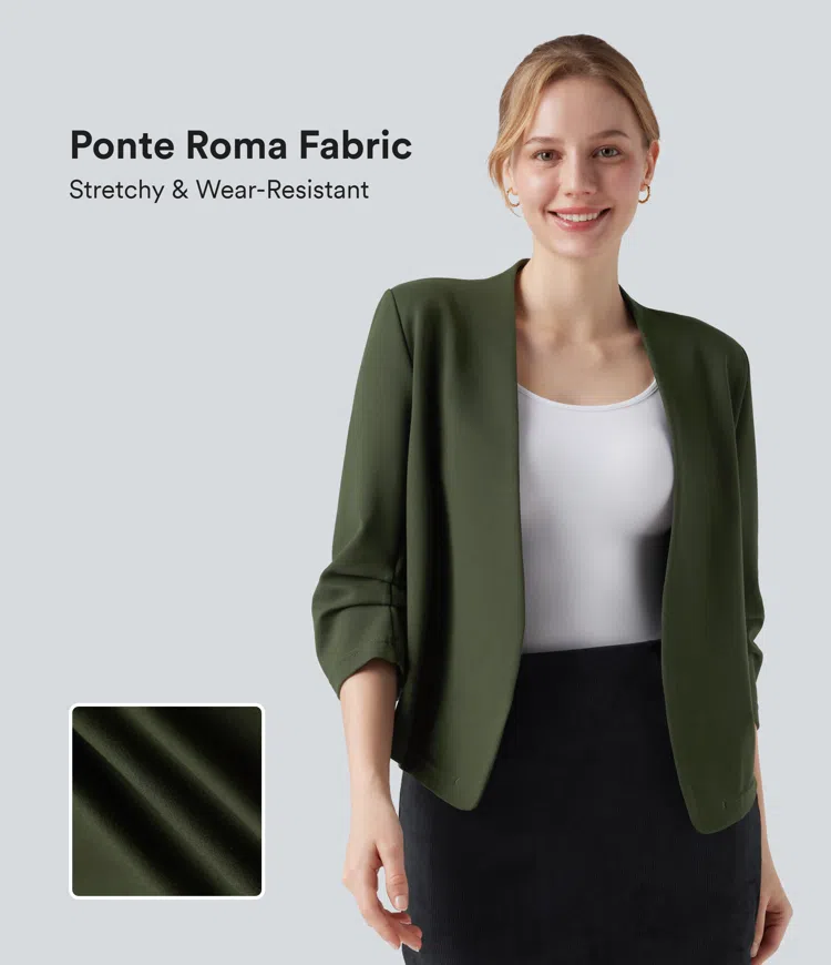 Wear-Resistant V-neck 3/4 Sleeve Ponte Roma Work Blazer