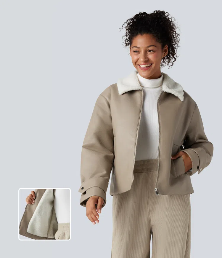 Long Sleeve Zipper Casual Sherpa Faux Leather Jacket with Pockets