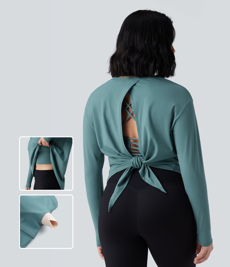 SoftlyZero™ Airy Round Neck Long Sleeve 2-in-1 Tie Back Cool Touch Yoga Sports Top-UPF50+