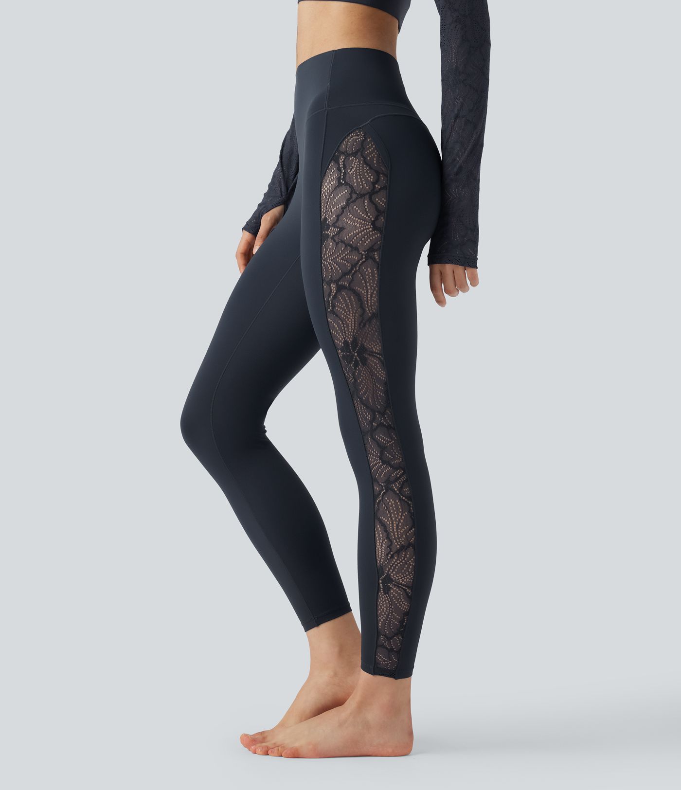 Halara UltraSculpt™ High Waisted Tummy Control Contrast Lace Yoga Leggings with Pocket Halara UltraSculpt™ High Waisted Tummy Control Contrast Lace Yoga Leggings with Pocket