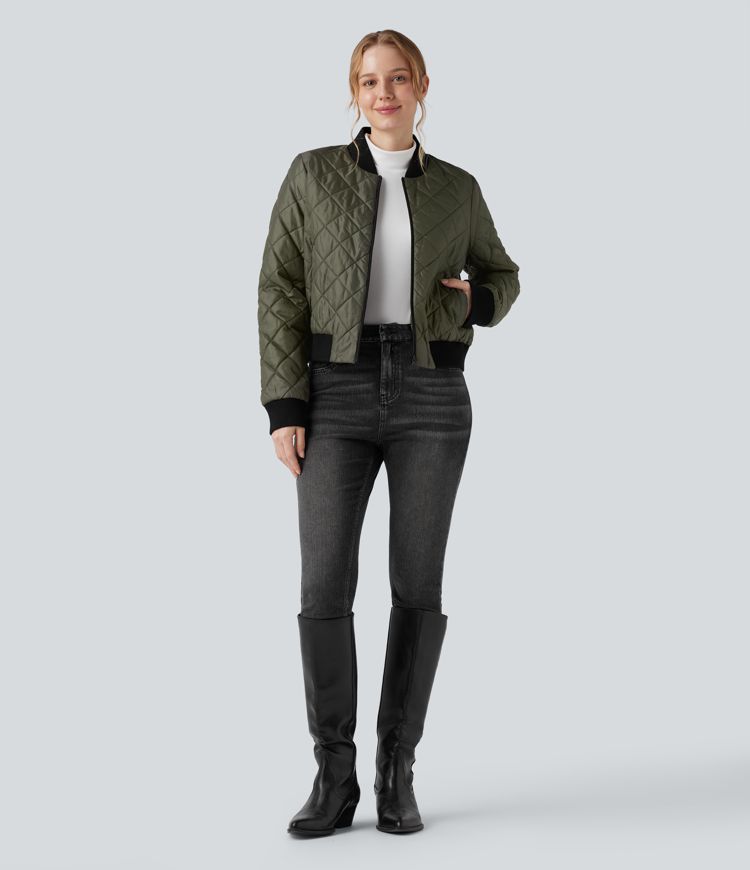 Zip Fly Casual Padded Bomber Jacket with Pockets