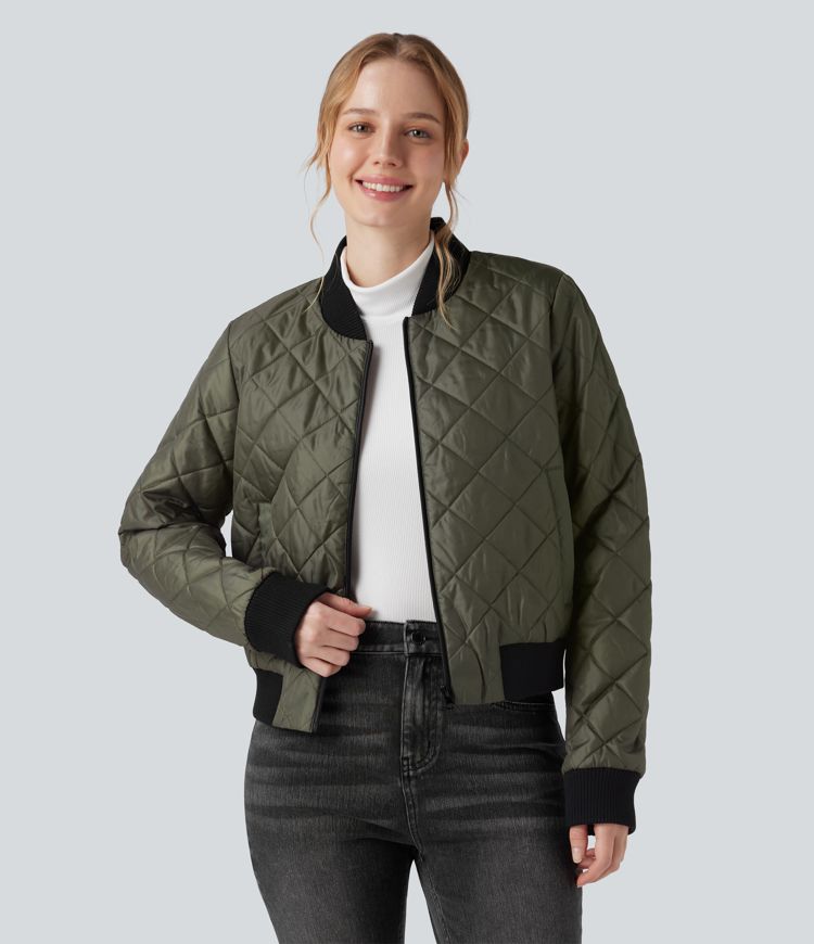 Zip Fly Casual Padded Bomber Jacket with Pockets