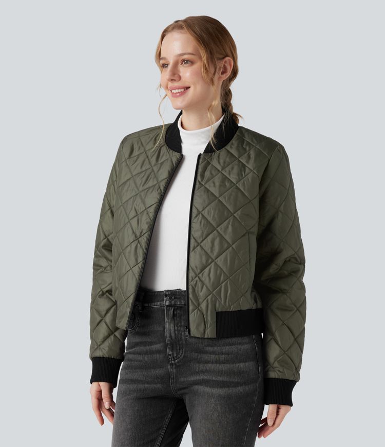 Zip Fly Casual Padded Bomber Jacket with Pockets